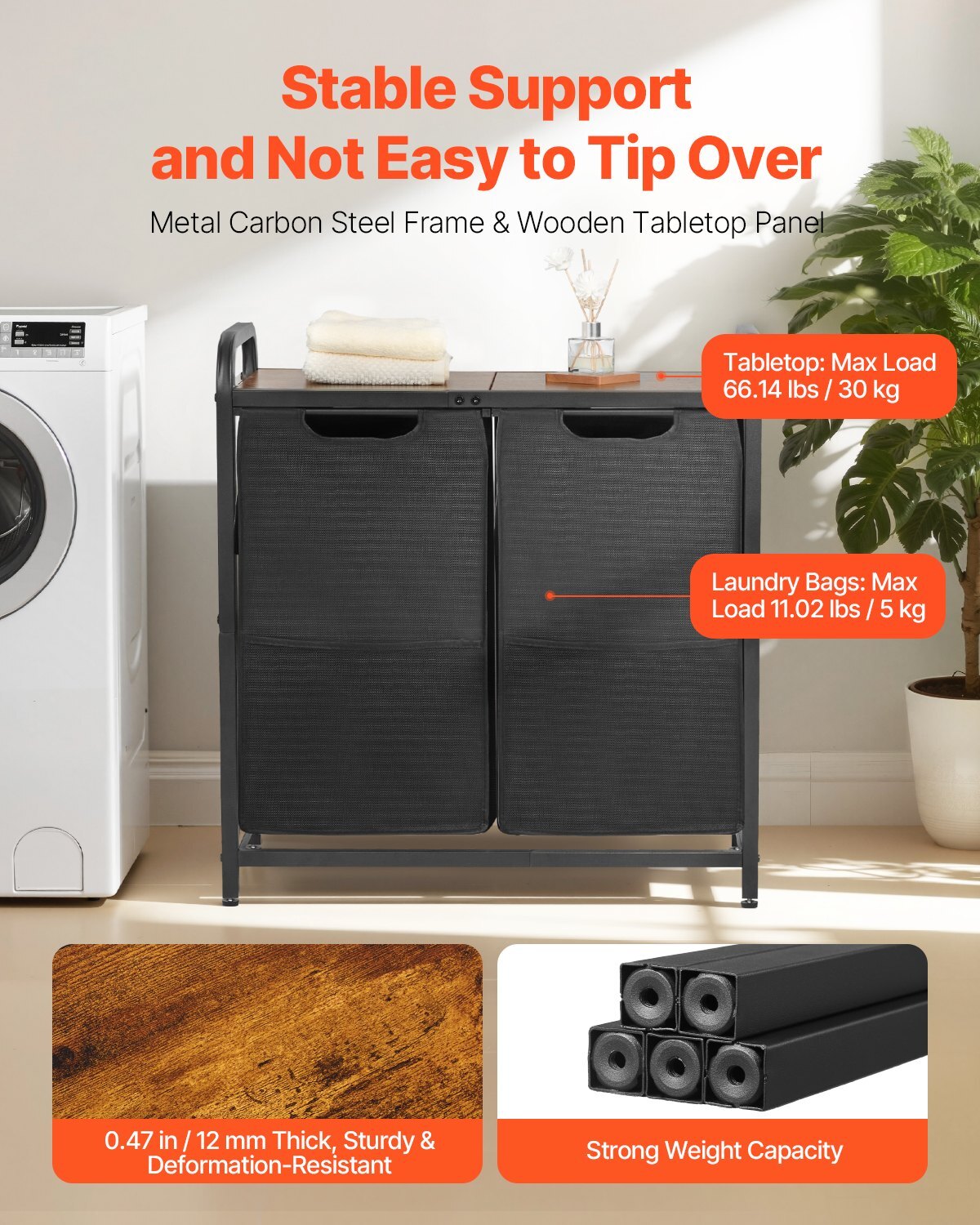 2 Section Laundry Sorter, Large Laundry Hamper with Metal Frame and Wooden Tabletop, Freestanding Storage Organizer Baskets with Pull-Out 600D Oxford Cloth Bags for Dirty Clothes, Bathroom