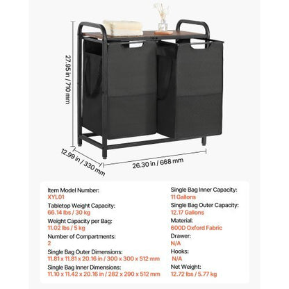2 Section Laundry Sorter, Large Laundry Hamper with Metal Frame and Wooden Tabletop, Freestanding Storage Organizer Baskets with Pull-Out 600D Oxford Cloth Bags for Dirty Clothes, Bathroom