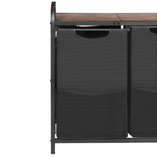 2 Section Laundry Sorter, Large Laundry Hamper with Metal Frame and Wooden Tabletop, Freestanding Storage Organizer Baskets with Pull-Out 600D Oxford Cloth Bags for Dirty Clothes, Bathroom