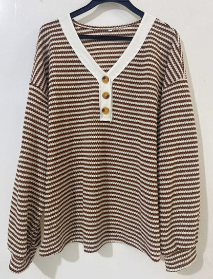 Women's V-Neck Button Striped Color Block Top – Long Sleeve Loose Fit