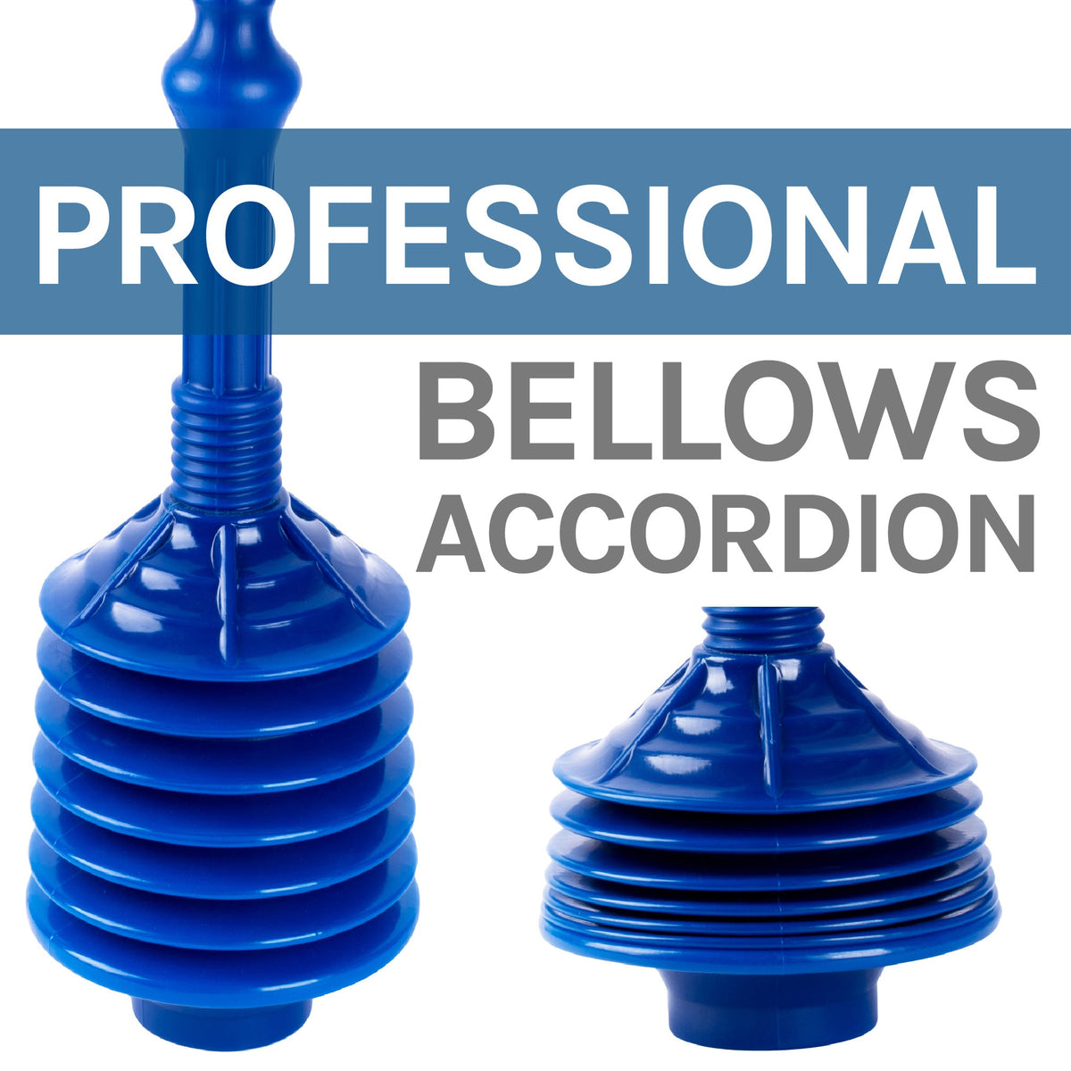 Antimicrobial Bellows Accordion Toilet Plunger with Black Storage Tray (Blue)