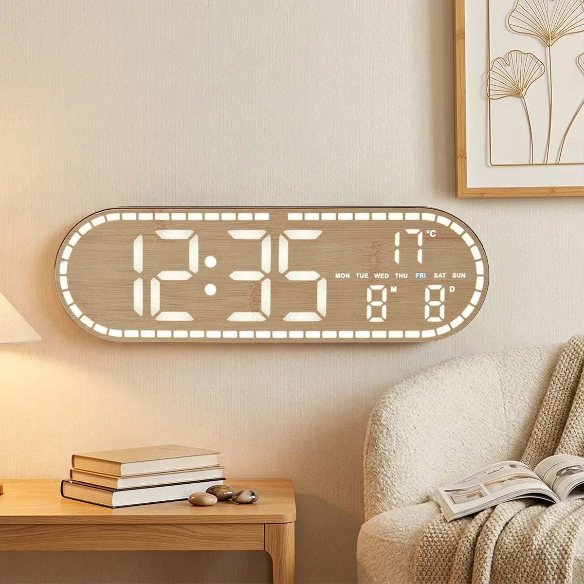 Digital Wall Clock Temperature Date Week Display Brightness Adjustable 12/24H Electronic LED Desk Alarm Clock for Home Decor
