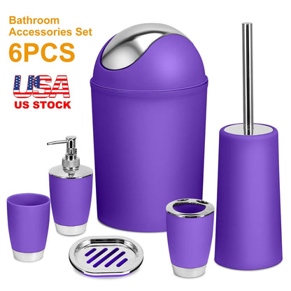 Bathroom Accessories Set 6 Pcs Bathroom Set Ensemble Complete Soap Dispenser Toothbrush Holder Tumbler Soap Dish Toilet Cleaning Brush Trash Can