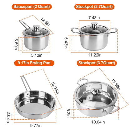 Stainless Steel Cookware Set Fast Even Heat Induction Pots Pans Set Dishwasher Safe with 2.7/3.7 Quart Stockpot 2 Quart Saucepan 9.17in Frying Pan