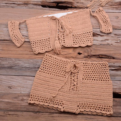 Fashion Beach Bikini Set Knitting Swimsuit Crochet Style Off Shoulder Bathing Handmade Tassels Bikini Bra Two Piece Beach Outfits For Women Crochet Tassels Hollow Out Bikini Bra Top Skirt Cover Up Dress