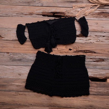 Fashion Beach Bikini Set Knitting Swimsuit Crochet Style Off Shoulder Bathing Handmade Tassels Bikini Bra Two Piece Beach Outfits For Women Crochet Tassels Hollow Out Bikini Bra Top Skirt Cover Up Dress