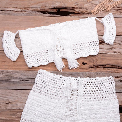 Fashion Beach Bikini Set Knitting Swimsuit Crochet Style Off Shoulder Bathing Handmade Tassels Bikini Bra Two Piece Beach Outfits For Women Crochet Tassels Hollow Out Bikini Bra Top Skirt Cover Up Dress