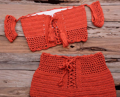 Fashion Beach Bikini Set Knitting Swimsuit Crochet Style Off Shoulder Bathing Handmade Tassels Bikini Bra Two Piece Beach Outfits For Women Crochet Tassels Hollow Out Bikini Bra Top Skirt Cover Up Dress