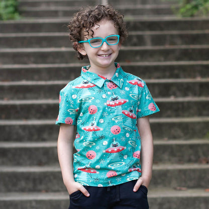 "Beam Me Up, Kitty" Cats in Space Saucers Short Sleeve Polo Shirt